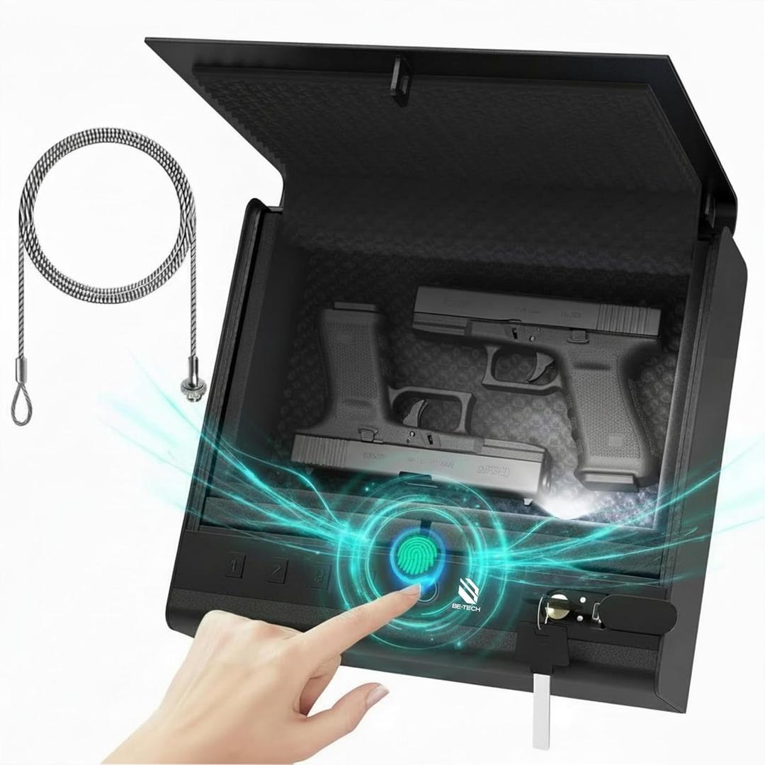 BE-TECH Biometric Gun Safe for Handgun, 3-Way Quick Access Fingerprint Pistol Safe Gun Lock Box, 1/8-Inch Thick Alloy Steel Hand Gun Safes with Cable Sponge for Home, Bedside Nightstand Drawer Car