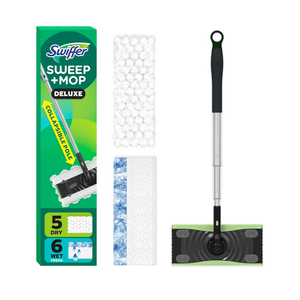 Swiffer Sweep & Mop Deluxe 2-in-1 Multi-Surface Kit for Floor Cleaning, Includes 1 Sweeper Device, 5 Dry Sweeping + 6 Wet Mopping Heavy Duty Cloths, Black