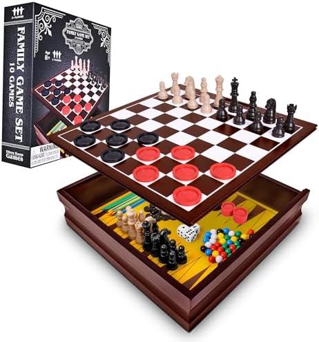 Elbow Room Games Family Game Set, 10 Classic Games with Wooden Storage Box and Built-in Game Boards, Endless Fun for Game Nights, Gatherings & Travel, 2+ Players