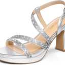 PIZZ ANNU Women's SoleBella Platform Block Heel Sandals 3 Inch Chunky Heels Open Toe Ankle Strap Strappy Comfortable Dress Pump Shoes for Wedding Party (8.5, Silver Rhinestone)