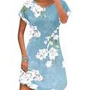 PLOKNRD Sundresses Women Short Sleeve Summer Tunic Dress Casual Swing Cotton Cover Ups Vacation, Flower Light Blue-2XL 