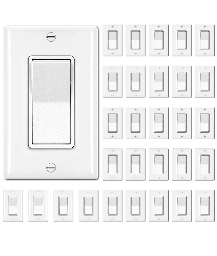 BESTTEN 30 Pack Single Pole Decorator Light Switch, Rocker Paddle Wall Switch, On/Off Interrupter, w/Wall Plate, 15A 120/277V, UL Listed, White