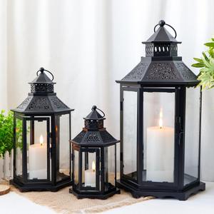 TRIROCKS Set of 3 Decorative Candle Lanterns18''&13"&10" H Hexagonal Candle Holder Vintage Metal Hanging Lantern with Tempered Glass for Garden Patio Wedding Event Indoors Outdoors(Black)
