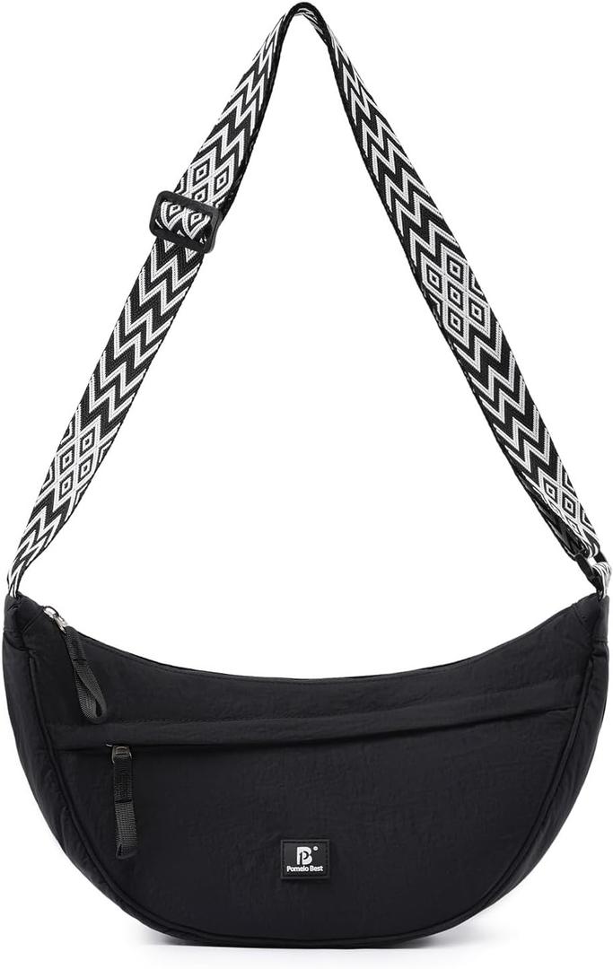 Pomelo Best Half Moon Crossbody Bag for Women and Men, Lightweight Nylon Sling Creacent Bags Dumpling with Guitar Strap for Travel, Sport, Hiking, Daily Use (Black)