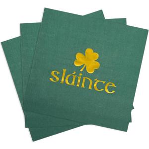 100 Pcs St Patrick's Day Napkins Slainte Cheers Paper Party Napkins Green Shamrock Patty's Day Disposable Dinner Napkins Gold Foil Irish Clover Beverage Napkins for Party Supplies