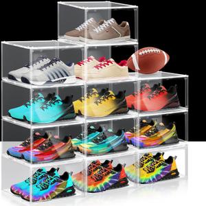 12 Pack Plastic Shoe Storage Boxes Fit US Size 13, Clear Stackable Shoe Display Case with Acrylic Magnetic Side Door, Shoe Containers for Sneaker Storage, Hats, Figure, Collectible