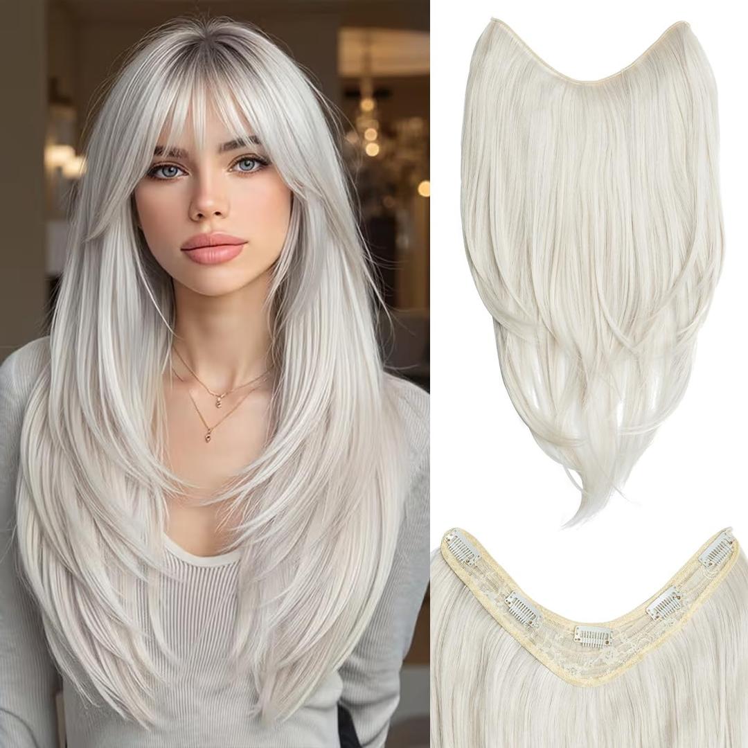 Clip in V-Shape Hair Extensions for Women 18 Inch One Piece Synthetic Straight Hair Extension Full Head Hairpiece with 5 Clips Platin Blonde
