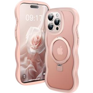 [Cute Wave Frame+Mag Stand] Designed for iPhone 15 Pro Max Case, [Fit for MagSafe] Translucent Silicone Protective Magnetic Ring Phone Case Cover for iPhone 15 Promax 6.7 inch Men Women, Pink