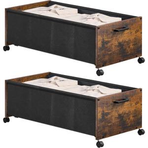 Under Bed Storage with Wheels, Wooden Under Bed Drawers On Wheels, Rolling Under Bed Shoe Storage, Space Saving, Rustic Brown, Quadruple Size, 90L