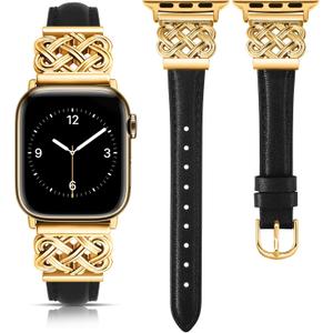 TOYOUTHS Leather Band Compatible with Apple Watch Bands Women 38/40/41/42mm Dressy Slim Leather Strap with Designer Interlock Buckle Bracelet for iWatch Series 10/9/SE/8/7/6/5/4/3/2/1, Black+Gold (38/40/41/42mm(Series 10))