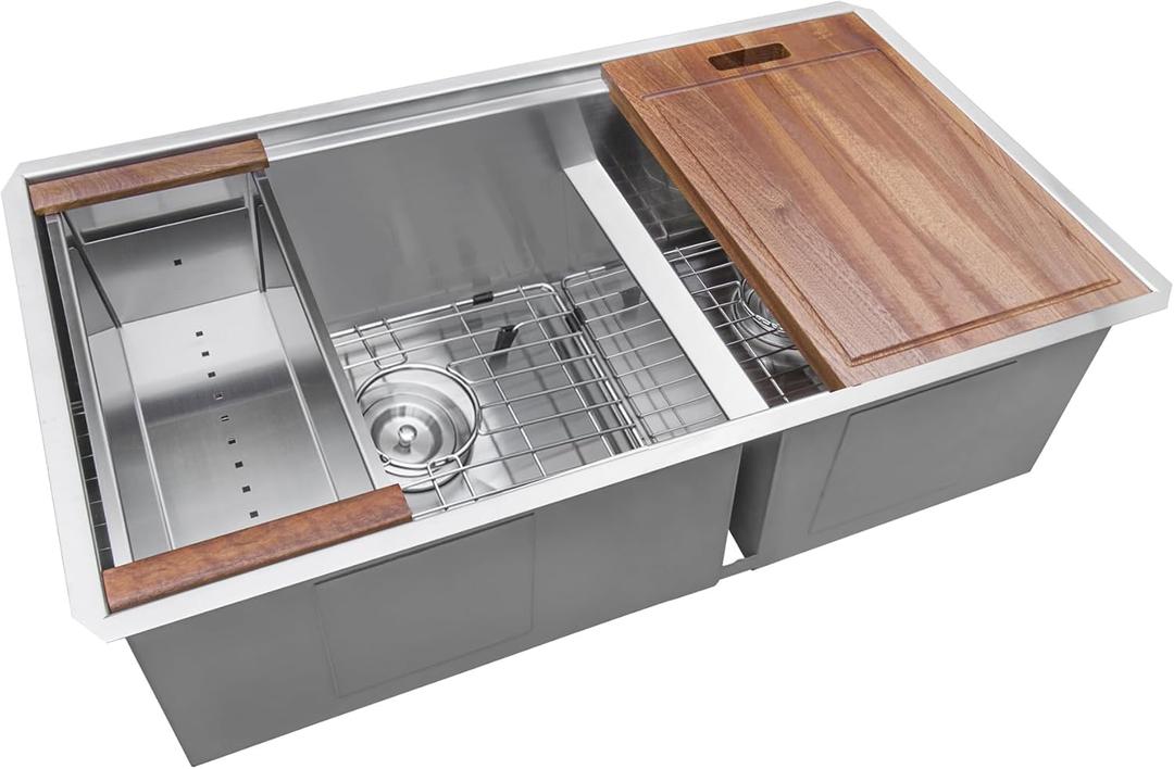 Ruvati 36-inch Workstation Kitchen Sink - 60/40 Double Bowl Undermount 16 Gauge Stainless Steel Kitchen Sink with Brushed Finish hides scratches, Easy-to-Clean Undermount Sink - RVH8359
