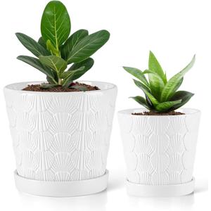 BUYMAX Ceramic Pots for Plants, 5+6 Inch Ceramic Planters with Drainage Hole and Saucer,Indoor Pots for Plants Set of 2 (White)