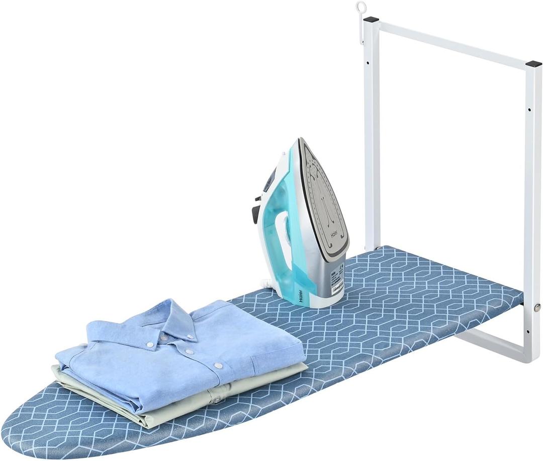 Wall Mounted Ironing Board with Iron Holder, Compact Ironing Board for Small Spaces, Foldable Iron Stand Heat Resistant Cover, 36" X 12" Deep Blue