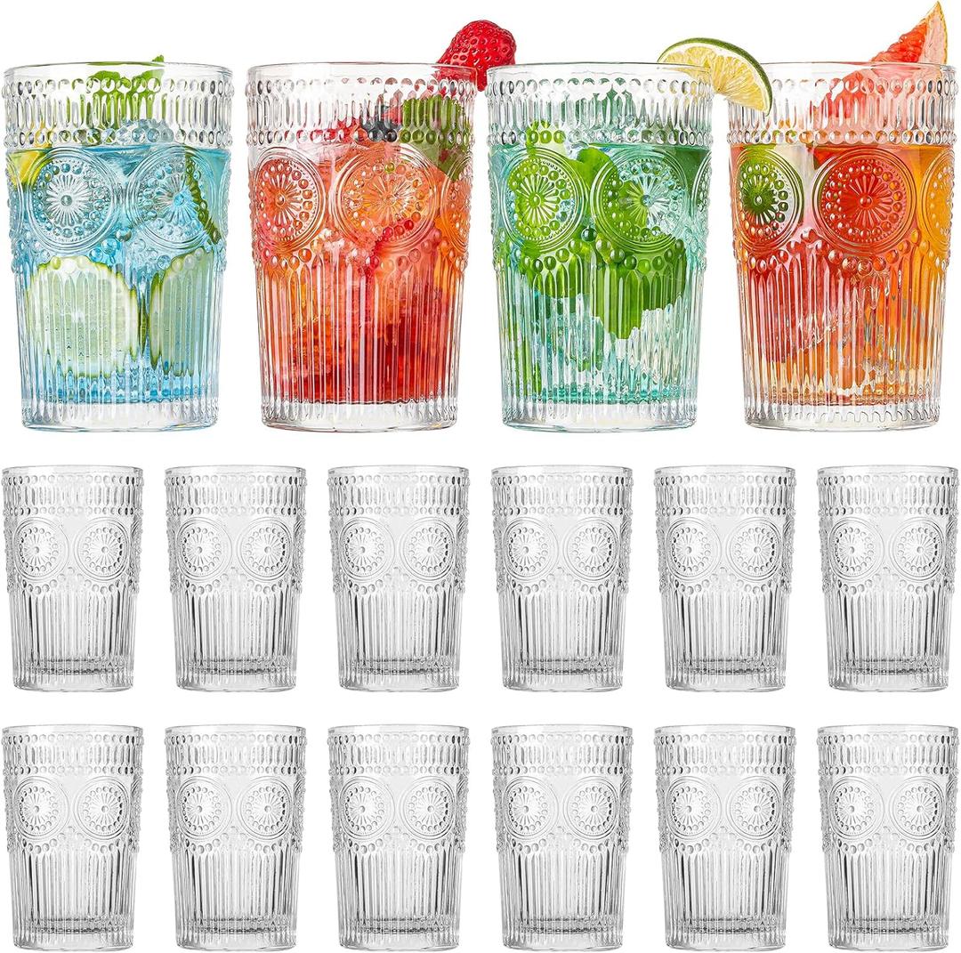 Vintage Drinking Glasses Set of 12, Textured Clear Striped Glass Cups, Ribbed Glassware Set, Tall Water Glass Tumblers, Mojito Cups, Cocktail Glass, Iced Coffee Cup, Bar Glassware