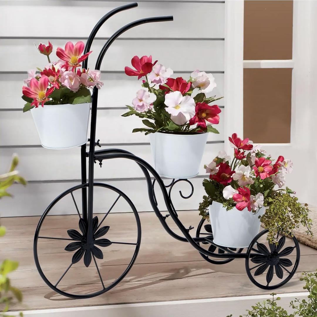 BAYN Bicycle Planter Stand, Metal Flower Pot Cart Holder Tricycle Planter with 3 Plant Bucket Outdoor Decorative for Patio, Deck, Garden or Lawn (Black-white)