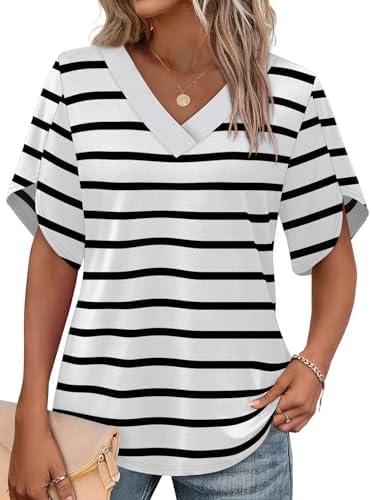 WIHOLL Womens Summer Tops Short Petal Sleeve Shirts Fashion V Neck Womens Clothing, XL