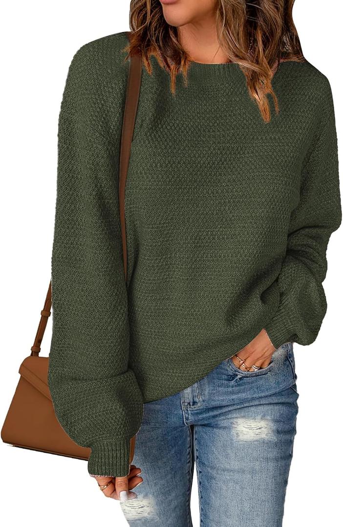 Sucolan Oversized Sweaters for Women Heathered Long Sleeve Crew Neck Pullover Knit Sweater Casual Fall Tops 2024 Fashion (Medium, Deep Green)
