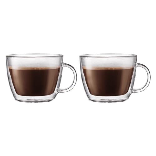 Bodum 15oz Double Wall Latte Mug, High-Heat Borosilicate Glass, Set of 2, Clear