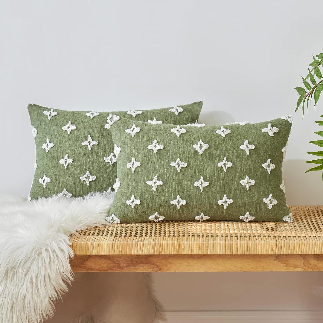 EMEMA Decorative Throw Pillow Covers Rhombic Jacquard Pillowcase Cushion Case Rectangle for Couch Sofa Bed Living Room Bedroom Set of 2, 12x20 Inch, Sage Green