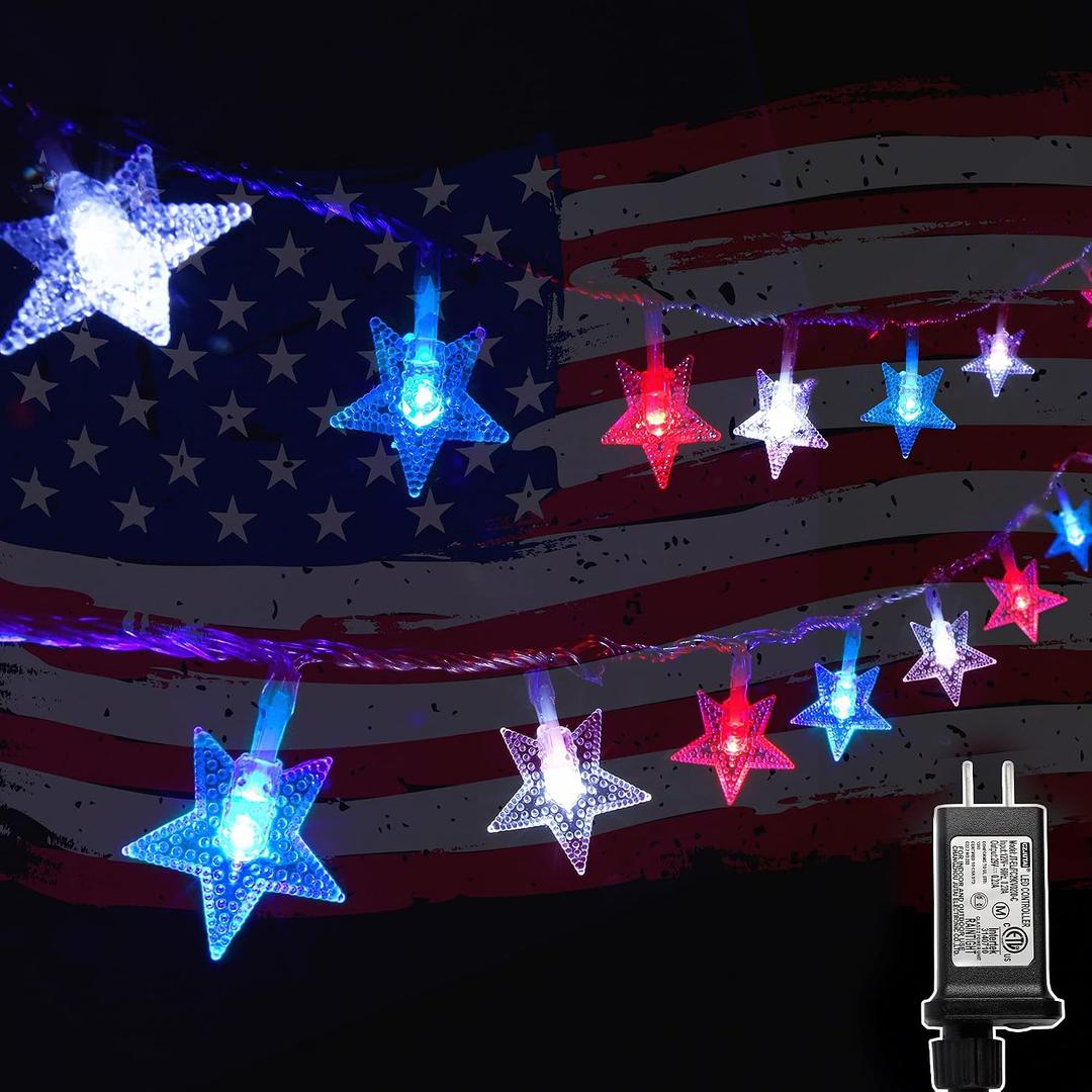 Twinkle Star 4th of July Decoration Lights, 100 LED 49FT Red White Blue Star String Lights, Plug in Fairy String Lights Waterproof, Extendable for Indoor, Outdoor, Independence Day Decor