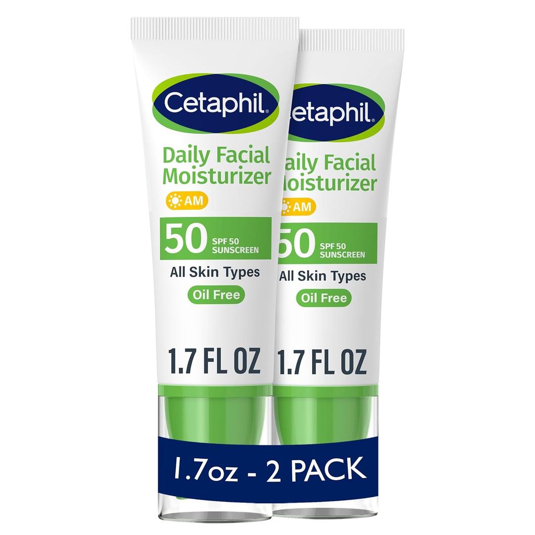 Cetaphil Daily Facial Moisturizer SPF 50, 1.7 Fl Oz (Pack of 2), Gentle Facial Moisturizer For Dry to Normal Skin Types, No Added Fragrance, Dermatologist Recommended (Packaging May Vary)
