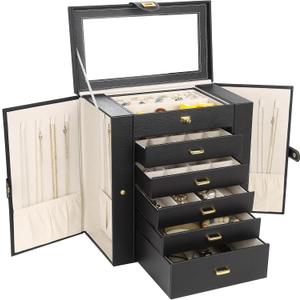 Kendal Extra Large Jewelry Box Jewelry Case PU Leather 6 Tier 5 Drawers Large Storage Capacity with Mirror Jewelry Storage Organizer Great Gift Also Good For Watches LJC-SHD5BK (black)