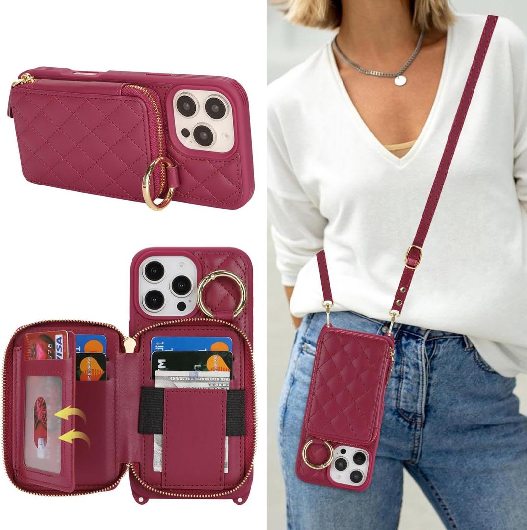for iPhone 16 Pro Max Case Wallet with Card Holder for Women,for iPhone 16 Pro Max Phone case Wallet with Strap Credit Card Slots Crossbody with Kickstand Zipper Case-Dark red