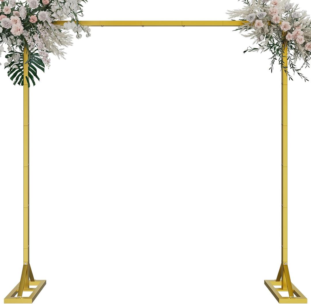 8.2FT Heavy Duty Adjustable Backdrop Stand Kit - Square Wedding Arch & Balloon Arch for Photo Booth Background, Baby Shower, Birthday Party Decorations (Portable Frame) (Gold,8.2X 8FT)