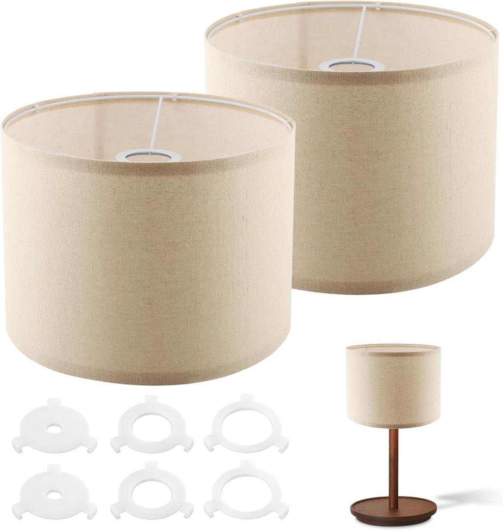 Small Drum Lamp Shades Set of 2, Beige Linen Lampshades, 10.24" Top/Bottom x 7.48" High, Spider Fitter 2.36" Center Opening with Adapter Rings, Harp & Finial Required, Shade Only (Beige)