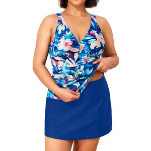 Daci Women Plus Size Tummy Control Tankini with Skirt Two Piece Bathing Suits V Neck Swimsuits (Blue Flowers)