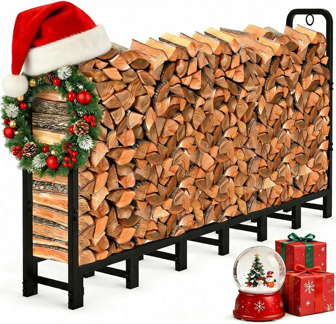 Amagabeli 8ft Firewood Log Rack Outdoor Heavy Duty Logs Holder for Fireplace Indoor Outdoor Adjustable Wood Racks for Fire Wood Holder Metal Pile Stand Storage Stacker Organizer Black
