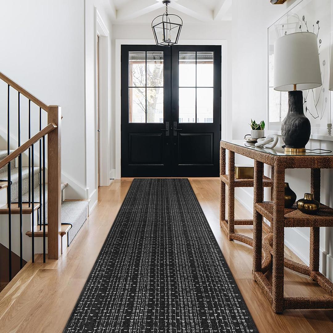 Seavish Long Hallway Runner Rug, Boho Kitchen Runner Rug, 2.6'x10' Black and White Striped Rug, Double Sided Woven Cotton Washable Rug, Indoor Outdoor Carpet Runners, Low-Profile Front Door Porch Mat