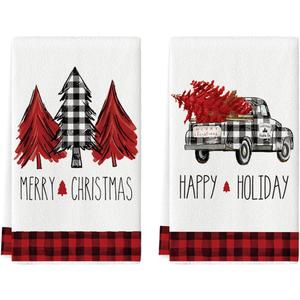 Artoid Mode Black Red Truck Trees Kitchen Dish Merry Christmas, 18 x 26 Inch Buffalo Plaid Winter Drying Cloth Tea Towels for Cooking Baking Set of 2