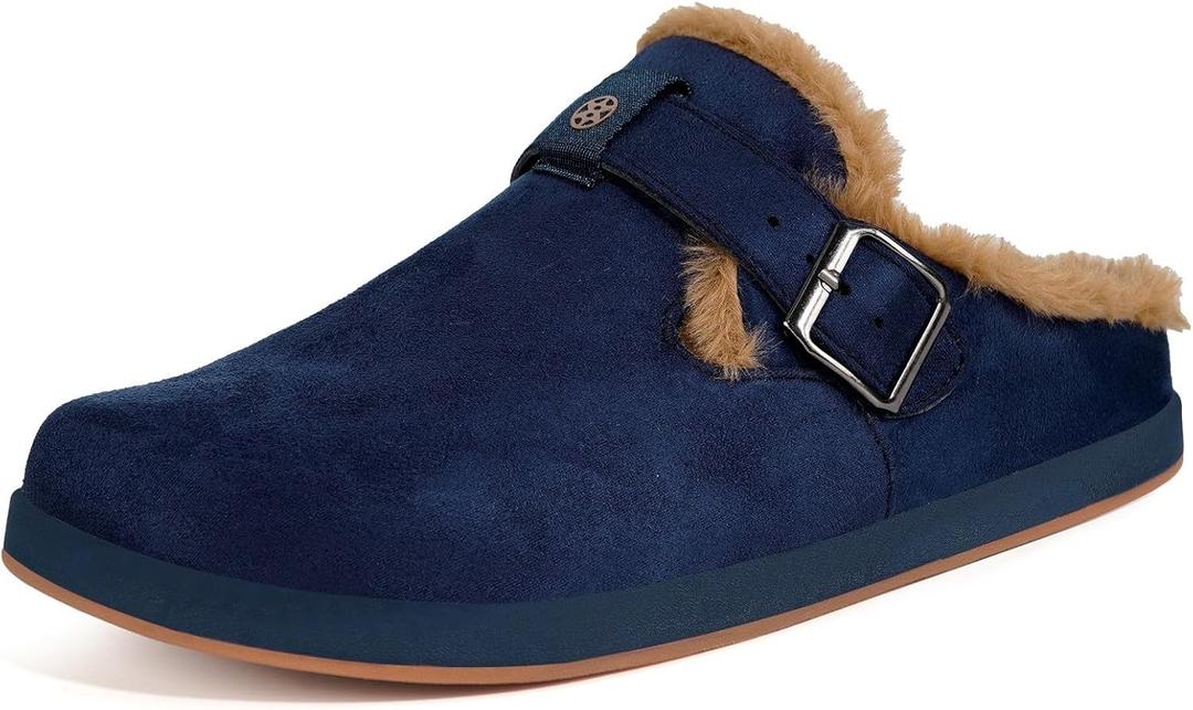 Hsyooes Fur Lined Clogs for Women Men Suede Winter Slippers Arch Support Slip on Mules Potato Shoes with Removable Cushion Footbed Warm Home House Shoes (9 Women/7.5 Men, Deep Blue)