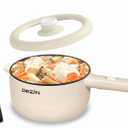 Dezin Electric Cooker, 2L Non-Stick Saut Pan, Rapid Noodles Cooker, Mini Pot for Steak, Egg, Fried Rice, Ramen, Oatmeal, Soup with Power Adjustment, College Dorm Room Essential (Round - B(Beige/without Steamer))