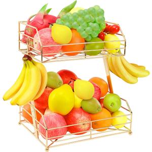 Livabber Fruit Basket for Kitchen, Metal Fruit Storage Bin with 2 Banana Hangers, Countertop Wire Basket Organizer for Vegetable Snack Potato Onion (Gold)