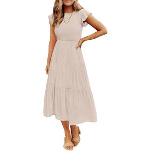 ZESICA Women's 2026 Summer Casual Flutter Short Sleeve Crew Neck Smocked Elastic Waist Tiered Midi Dress (XX-Large, Apricot)