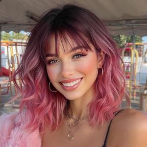 Nnzes Pink Wig with Bangs for Women Short Bob Wavy Charming Synthetic Wigs with Natural Shoulder Length Curly Heat Resistant Fiber Hair for Daily Party Use