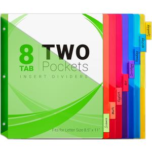 8-Tab Dividers for 3-Ring Binders, 8 Counts Dividers with 2 Pockets, Insertable 8 Tabs Binder Divider for 1/2''/1''/2''/3'' inch Binders, 8 Colors (1)