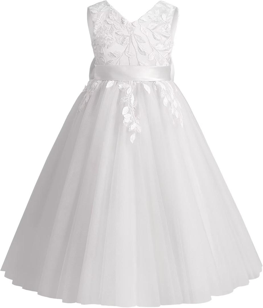 Flower Girl Dress for Wedding Tea Length Lace Applique Tulle Princess Kids Birthday Pageant Party Gown with Bow-Knot