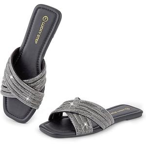 LUCKY STEP Women's Rhinestone Flat Sandals Open Toe Summer Glitter Bling Sparkle Dressy Slip on Outdoor Crossed Strap Slide, size 11