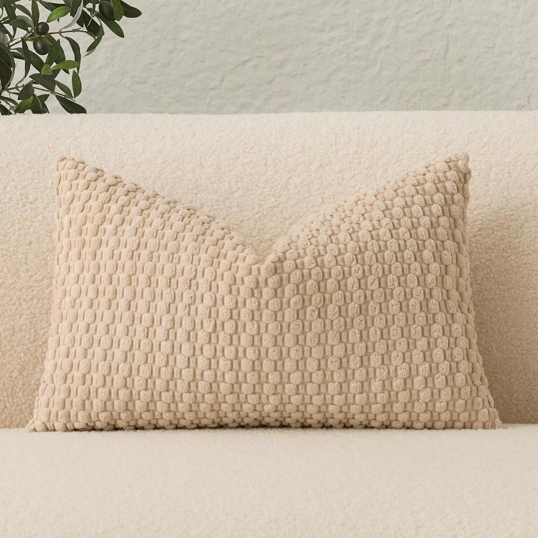 UGASA Velvet 12x20 Inch Lumbar Throw Pillow Cover, Both Sides Corduroy Striped, Soft Solid Decorative Rectangular Cushion Case for Couch/Bedroom/Car, 1 Piece, Beige