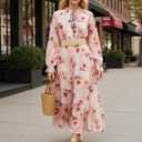 Sunny Spirit Women's Floral Boho Midi Dress 2025 Spring Fall Long Sleeve V Neck Chiffon A-Line Flowy Party Dresses (L)