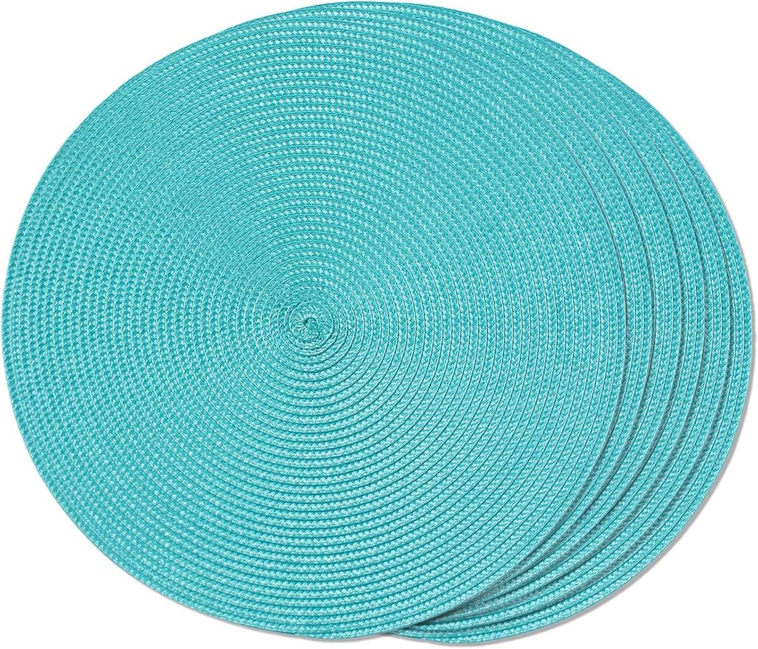 FunWheat Round Braided Placemats Set of 6 Table Mats for Dining Tables Woven Washable Non-Slip Place Mats 15 inch(Turquoise, 6pcs)