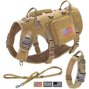 Forestpaw Tactical Dog Harness for Large Dogs,Tactical Dog Collar with Bungee Leash Set,No Pull Military Dog Harness for Walking Training,Adjustable for Medium Large Dogs,Khaki,Chest 19.5-41.5"