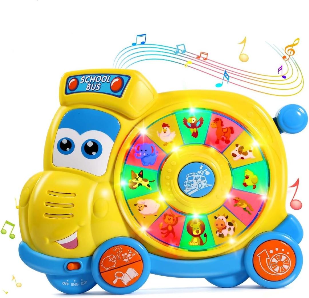 BACCOW English Spanish Bilingual Learning Baby Toys 6 12 18 Months, Musical Educational Toys for Toddler 1-3, Spin Interactive School Bus Toys 1+ Year Old Boys Girls Kids Birthday