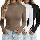 3 Pack Women's Long Sleeve Turtleneck T-Shirts, Thumbhole Slim Fit Base Layer Tops Mock Neck Thermal Underwears (X-Large, Khaki, White, Black)