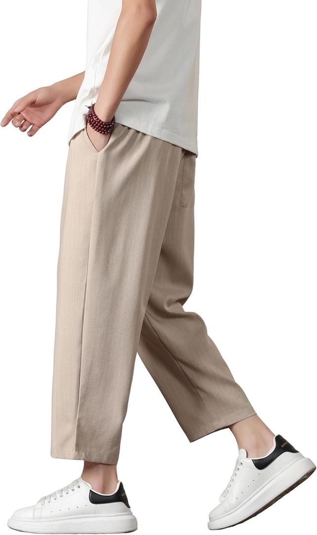 PRIJOUHE Mens Harem Pants Casual Lightweight Loose Fit Capri Pants Linen Beach Pants with Elastic Waistband (X-Large, 02-khaki)