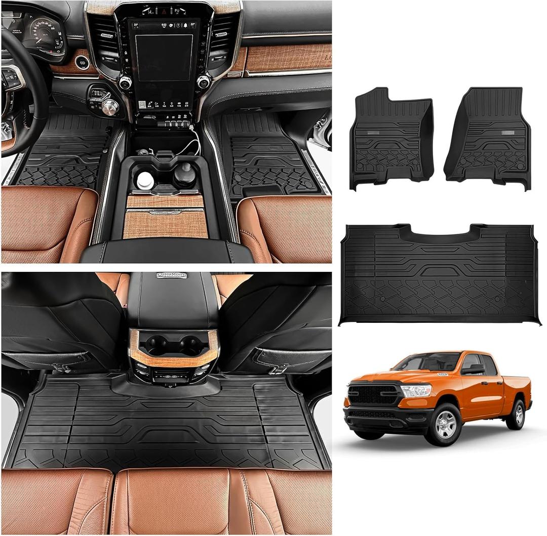Floor Mats for 2019-2024 Dodge Ram 1500 Crew Cab New Body (Not Fit Classic) 2nd with Rear Under-Seat Storage Box Bucket Seat, All-Weather Floor Liners 1st & 2nd Row Full Set
