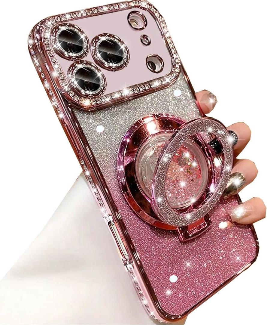 Glitter Kickstand Case for iPhone 17 Pro Max,Cute Bling Sparkly Diamond Rhinestones with Camera Lens Protector Liquid Flowing Ring Stand TPU Bumper Women Girls Case for iPhone 17 Pro Max,Pink